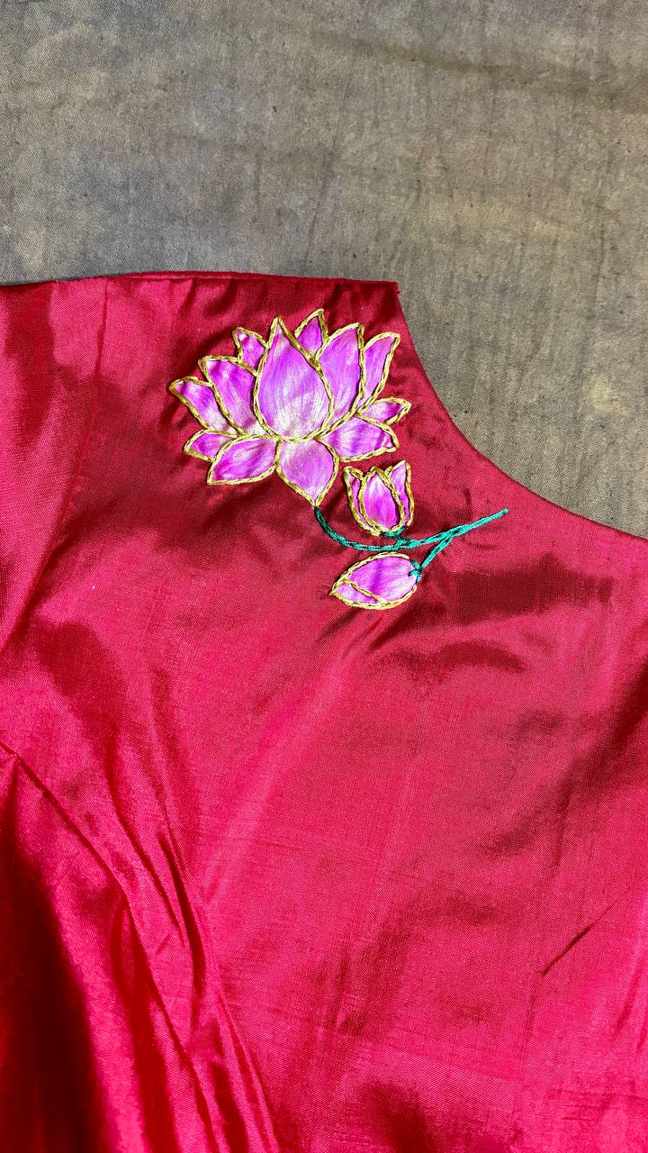 Designer Red Sambalpuri Blouse – Hand Painted Lotus & Aari Embellishment