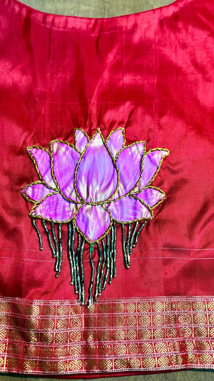 Designer Red Sambalpuri Blouse – Hand Painted Lotus & Aari Embellishment