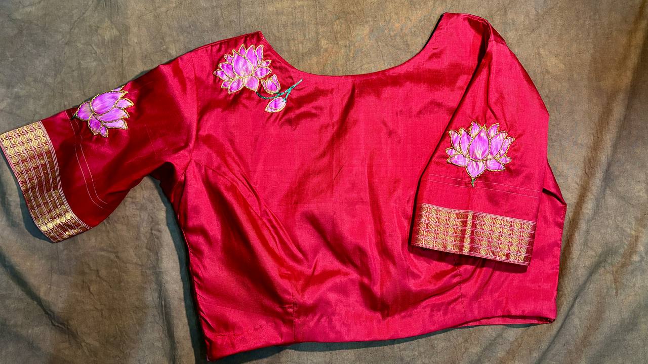 Designer Red Sambalpuri Blouse – Hand Painted Lotus & Aari Embellishment